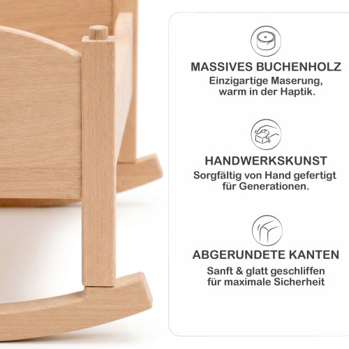 Detailaufnahme der hochwertigen Verarbeitung und des massiven Buchenholzes der Wiegenkufen.