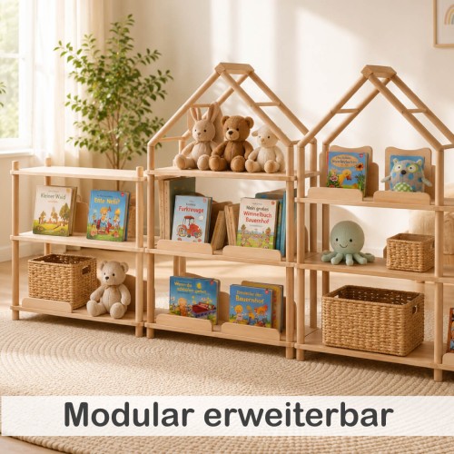 Mehrere Montessori Regale lassen sich direkt verbinden und als modulares Regalsystem beliebig erweitern.