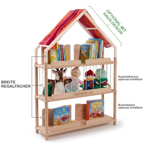 Featureübersicht des Montessori Bücherregals BERGEN mit breiten Regalfächern und optionalen Buchständern.