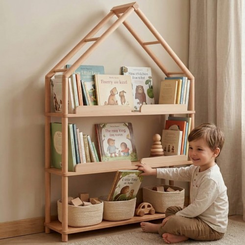 Kind entdeckt Bücher im Montessori Bücherregal BERGEN aus massivem Buchenholz.
