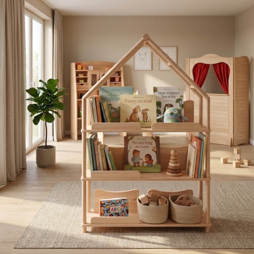 Montessori Bücherregal BERGEN harmonisch integriert in ein helles skandinavisches Kinderzimmer.