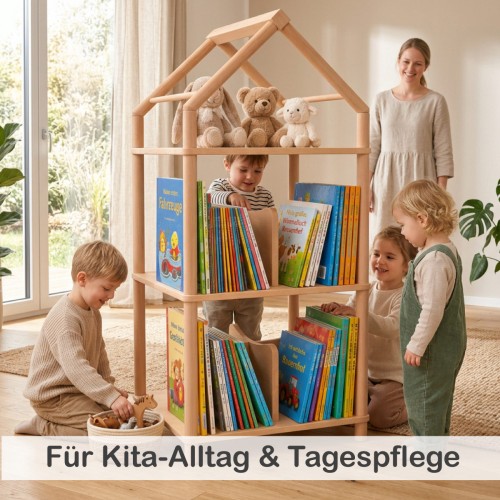 Kinder entdecken Bücher und Lernmaterialien im Montessori Bücherregal HELSINKI in der Kita.