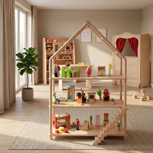Montessori Puppenhaus Regal fügt sich harmonisch in ein warmes und modernes Kinderzimmer ein