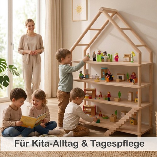 Kinder nutzen das Montessori Puppenhaus Regal gemeinsam im Kita-Alltag und in der Tagespflege