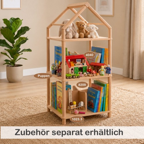 Montessori Regal mit Bauernhof, Holzfiguren, Büchern und passendem Zubehör für abwechslungsreiche Spielideen.