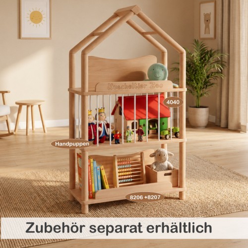 Montessori Regal mit Bauernhof-Spielwelt, Puppen, Büchern und weiterem separat erhältlichem Zubehör.