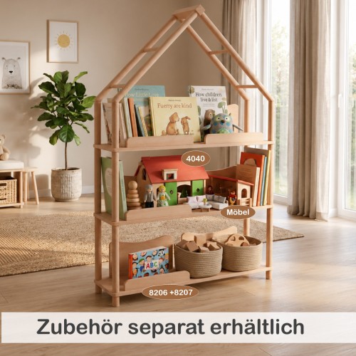 Montessori Regal mit separat erhältlichem Zubehör wie Eisstand, Puppen, Büchern und Aufbewahrungskisten.