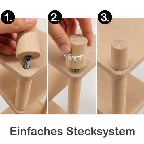 Einfaches Steck- und Drehsystem verbindet die massiven Holzstollen sicher mit den Regalböden.