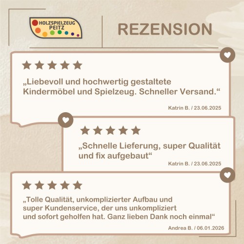 Kundenbewertungen bestätigen die hohe Qualität, den einfachen Aufbau und den zuverlässigen Service von Holzspielzeug Peitz.