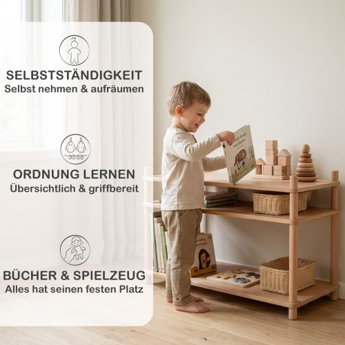 Montessori Spielregal LULU fördert Selbstständigkeit, Ordnung und den freien Zugang zu Büchern und Spielzeug.