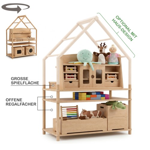 Featureübersicht des Montessori Spielregals LULU mit großer Spielfläche, offenen Regalfächern und modularem Aufbau.
