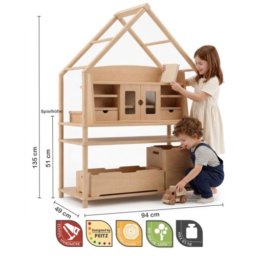 Montessori Spielregal LULU im realistischen Größenvergleich mit zwei Kindern und passenden Spieleinsätzen.