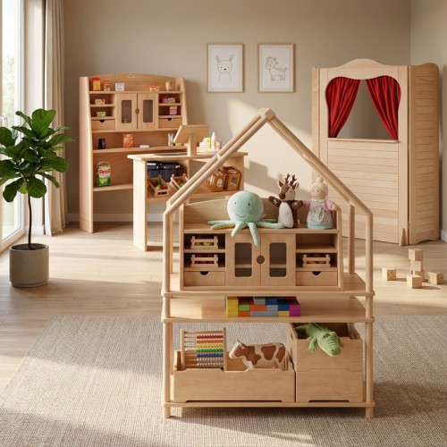 Montessori Spielregal LULU mit Spieleinsätzen und Aufbewahrung harmonisch in den Raum integriert.