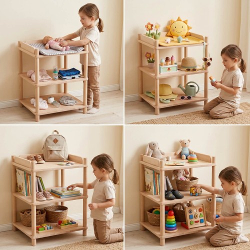 Puppen Wickeltisch flexibel als Spielregal, Themenwelt, Bücherregal und Montessori-Ablage nutzbar