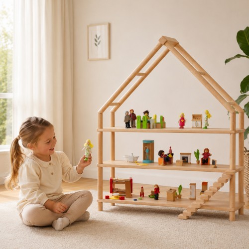 Kind spielt konzentriert mit Puppen am Montessori Puppenhaus Regal im hellen skandinavischen Kinderzimmer
