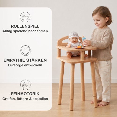 Puppenhochstuhl aus Holz unterstützt Rollenspiel, Empathie und Feinmotorik beim liebevollen Puppenspiel