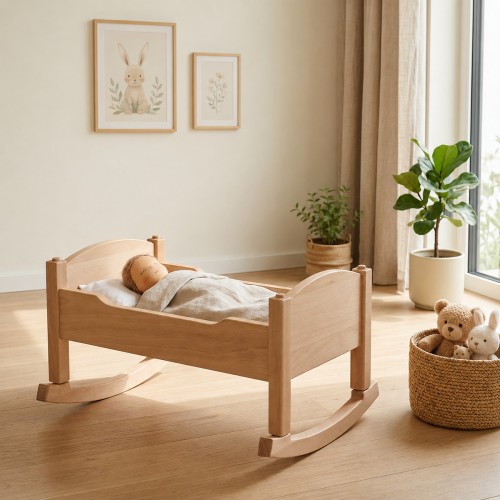 Puppenwiege mit Wiegenkufen harmonisch integriert in ein skandinavisches Kinderzimmer.