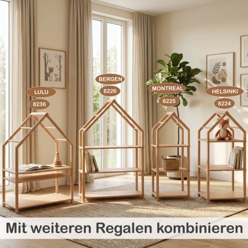 Vier Montessori Regale in unterschiedlichen Größen lassen sich zu einem individuellen Regalsystem kombinieren.