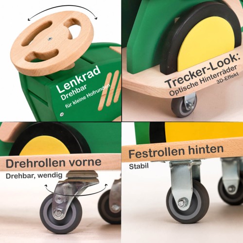 Detailübersicht zum Traktor Rutschauto mit Lenkrad, Flüsterrädern und 3D-Radabstand.