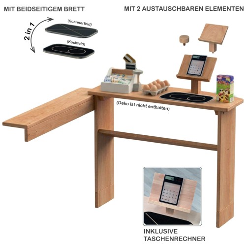 2-in-1 Theke für Marktstand Kaufladen Spielständer mit Kassenfunktion, Kochfeld und austauschbaren Spielelementen