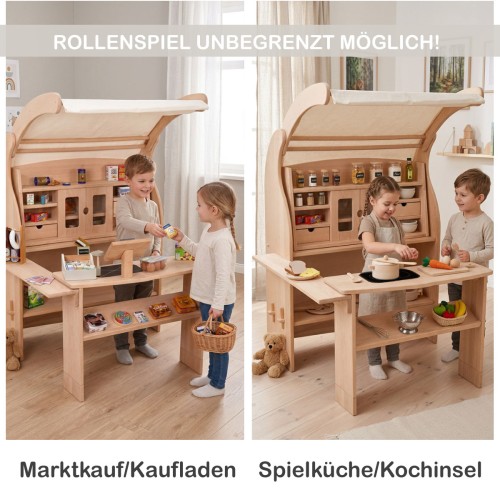 Marktstand Kaufladen Spielständer vielseitig als Kaufladen oder Spielküche mit Kochinsel nutzbar
