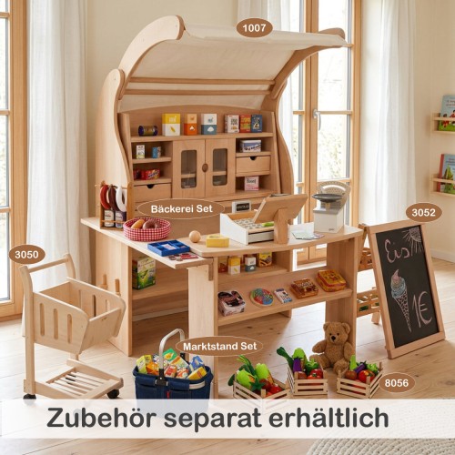 Marktstand Kaufladen Spielständer mit passendem Zubehör, Spiellebensmitteln und Einkaufselementen für mehr Spielideen
