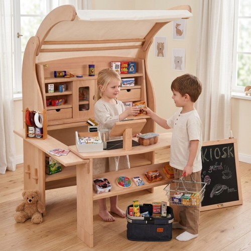 Kinder spielen gemeinsam am Marktstand Kaufladen Spielständer – authentisches Einkaufen und Verkaufen im Kinderzimmer