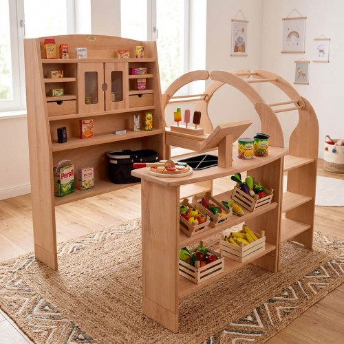 Spieltheke mit Zusatz-Regal und passenden Kaufladen-Erweiterungen als vielseitiges modulares Spielsystem aus Holz