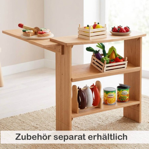 Spieltheke aus Erlenholz natur mit zusätzlichem Regal – praktische Erweiterung für mehr Ablagefläche im Kaufladen