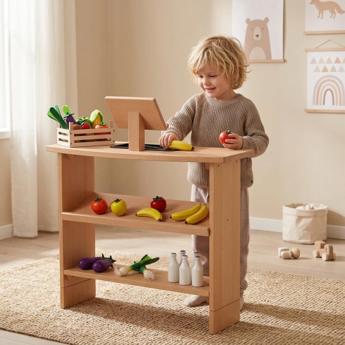 Zusatz-Regal für die Spieltheke mit mehr Ablagefläche und flexibel wählbarer Regalhöhe für Kaufladen-Zubehör