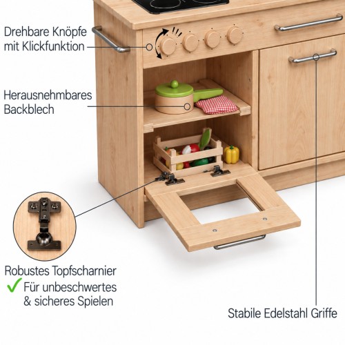 Holz Kinderküche mit offenem Backofen, Stauraum, Drehknöpfen, Edelstahlgriff und robusten Scharnieren
