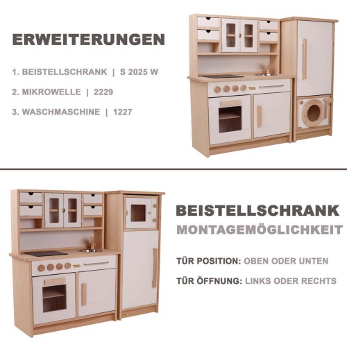 Holz Kinderküche mit flexiblem Beistellschrank und variabler Montagemöglichkeit für unterschiedliche Aufbauten