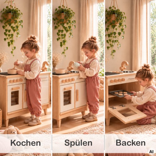 Holz Kinderküche zeigt drei Spielideen: Kochen am Herd, Spülen am Becken und Backen im Backofen