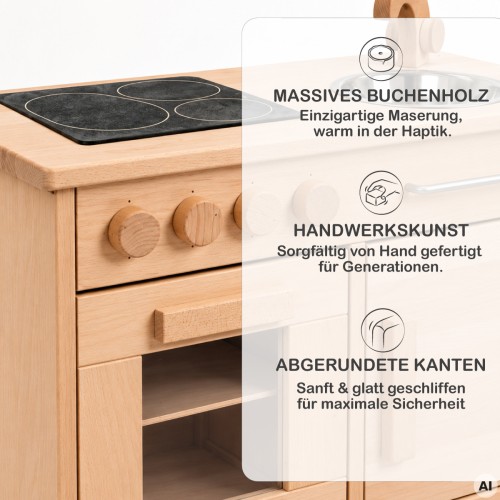 Holz Kinderküche aus massivem Buchenholz mit sichtbarer Maserung, Handarbeit und abgerundeten Kanten