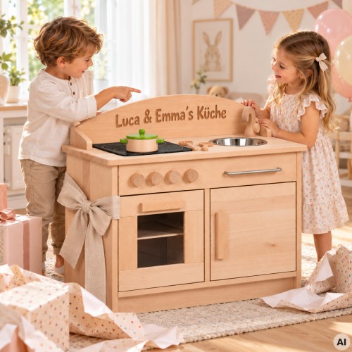 Personalisierte Holz Kinderküche mit Namensgravur Luca & Emma – besonderes Geschenk für gemeinsames Rollenspiel