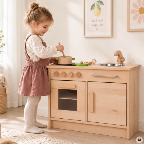 Kind spielt liebevoll an Kinderküche - Rührt im Topf