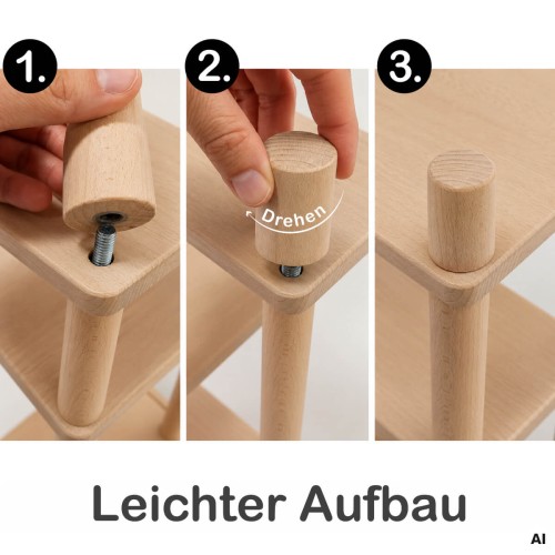 Einfaches Steck- und Drehsystem verbindet die massiven Holzstollen sicher mit den Regalböden.
