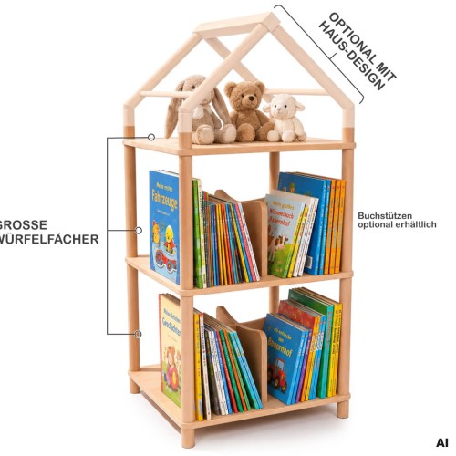 Featureübersicht des quadratischen Montessori Bücherregals HELSINKI mit großen Würfelfächern und offenem Design.