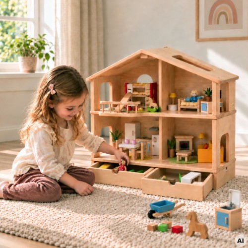Kind spielt am Holzpuppenhaus und nutzt zwei Schubladen unter dem Haus für Puppen und Zubehör