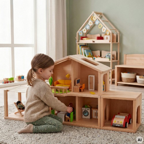Kind spielt mit großem Puppenhaus Set mit Wintergarten und Garage aus Buchenholz in einem warmen natürlichen Kinderzimmer