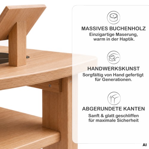 Spieltheke aus massivem Buchenholz mit sichtbarer Maserung, Handarbeit und sorgfältig abgerundeten Kanten