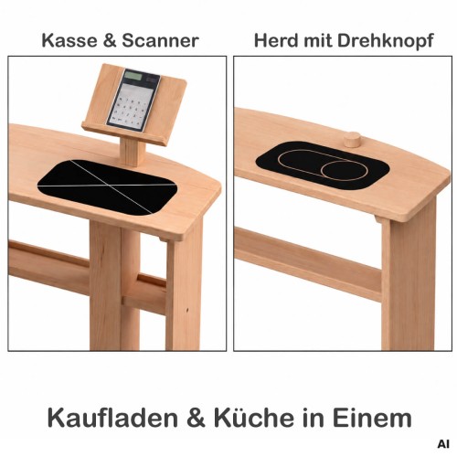 Spieltheke mit Aufsatz als Kaufladen oder Kinderküche – Kasse mit Scanner und Herd mit Drehknopf im Vergleich