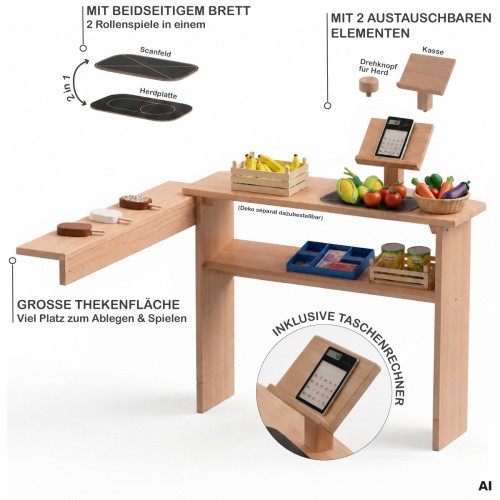Spieltheke mit Aufsatz fördert Kommunikation, Rollenspiel sowie spielerisches Lernen beim Einkaufen und Verkaufen