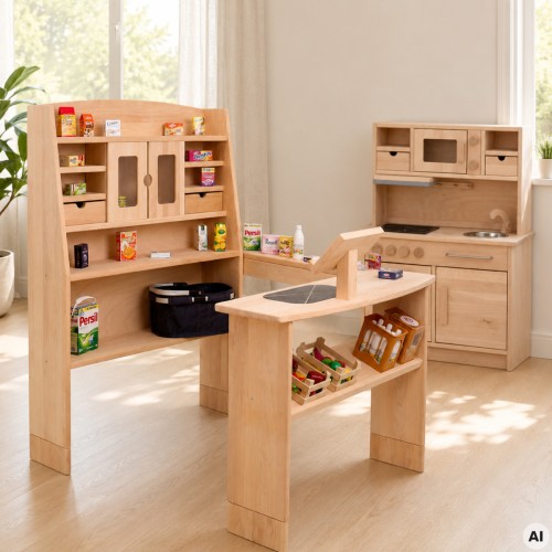 Spieltheke mit Aufsatz harmonisch im hellen Kinderzimmer mit passenden Peitz Spielmöbeln und Erweiterungen