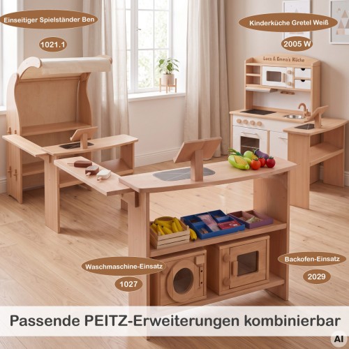 Spieltheke mit Aufsatz kombiniert mit passenden Peitz Erweiterungen, Spielständer und Kinderküche im modularen Spielsystem