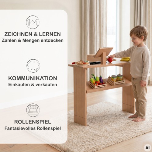 Spieltheke mit Aufsatz fördert Kommunikation, Rollenspiel sowie spielerisches Lernen beim Einkaufen und Verkaufen