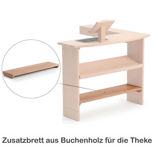 Spieltheke mit Aufsatz mit zusätzlichem Regalbrett aus Buchenholz für mehr Ablagefläche und Stauraum