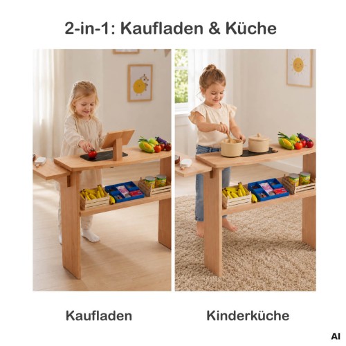 Spieltheke multifunktional als Kaufladen und Kinderküche – zwei Spielwelten für abwechslungsreiches Rollenspiel