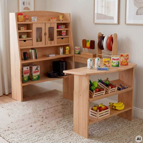 Spieltheke für Spielständer PAULA erweitert einen Holz-Kaufladen zu einem großzügigen und vielseitigen Spielbereich