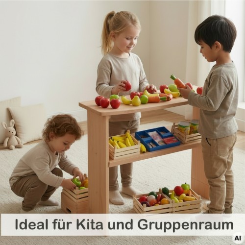 Mehrere Kinder spielen gemeinsam an der Spieltheke für Spielständer PAULA – ideal für Kita, Kindergarten und Gruppenraum